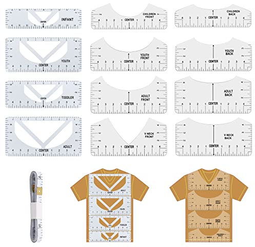 12 Stücke T-Shirt Ausrichtungslineal, DIY T-Shirts Ausrichtlineale, Schablonen-Lineal, Transparente Lineal T-Shirt Anleitung Lineal V-Ausschnitt für Erwachsene, Jugend und Kinder