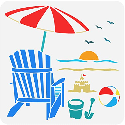 FINGERINSPIRE Beach Chair Schablone 30x30cm Wiederverwendbar Beachvolleyball Schloss Sandeimer Schaufel Sonnenuntergang Möwen Zeichnungsvorlage, Sommerthema Schablone Zum Malen Auf Wandholzmöbeln