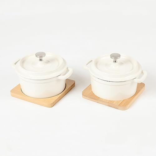 HAWOK Enameled Cast Iron Mini Dutch Oven Cocotte Saucepan with Lid 270ml/9.13oz/1.08cups Creamy white Set of 2