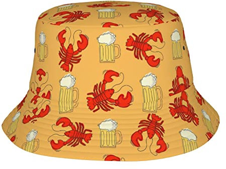 Fischerhut mit Bier- und Krebsmuster, für Reisen, Sommer, verstaubar, Strand, Sonne, Fischerhut für Teenager, Damen und Herren, Schwarz, Schwarz , One size