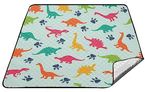 YOUJUNER Picknickdecke 200 x 200 cm Bunt Dinosaurier Muster Große Picknickmatte Wasserdicht Stranddecke Tragbare Outdoor Teppich Camping Matte
