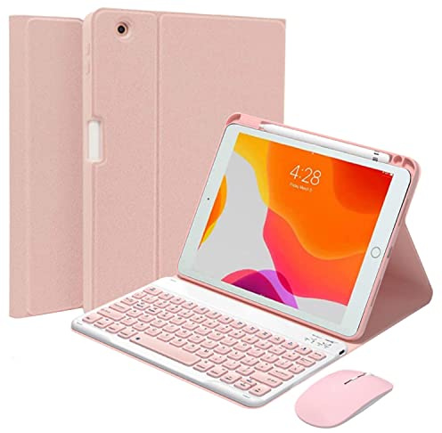 QYiiD Clavier Coque et Souris pour iPad Pro 12.9 2015/2017, 1ère/2ème Génération, Français AZERTY Clavier Bluetooth Détachable Magnétique avec Fente pour Stylo pour iPad Pro 12.9 Pouce, Rose
