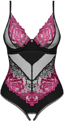 Selente Love & Fun förförisk 2-delad damunderkläder set av body/ouvert & satin ögonbindel, tillverkad i EU, Svart-rosa öppen, XS-S