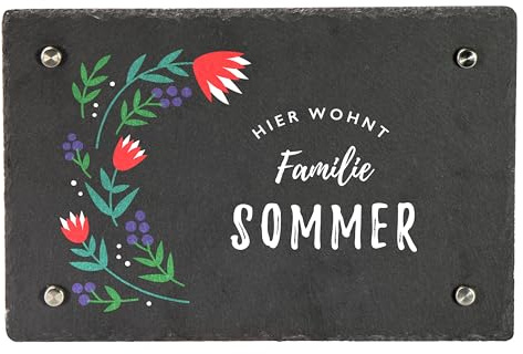 LAUBLUST Türschild Schiefer | Tulpen Motiv - Haustür-Schild Personalisiert mit Familien-Name | 3 Größen, 4 Wandhalter