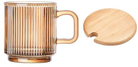 Soulnioi Tazza da caffè in vetro con coperchio e manico, 340 ml, in vetro colorato, a coste, per latte, cappuccino, tè, latte, succo di frutta, acqua (ambra)