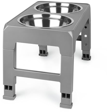 Gamelle Chien Surelevee de 3 Hauteurs Ajustables, 2 in 1 gamelle surelevee pour Chien avec gamelle Chien Anti eclaboussure et gamelle Chien INOX, Convient aux Petits, 22/26/28 cm-44 * 24 * 8 cm-Gris