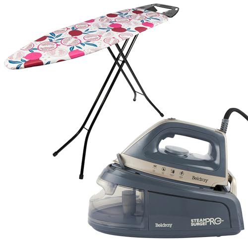 Beldray COMBO-9214 Steam Station Iron & Ironing Board Set – Steam Surge Pro 1.2L Water Tank, Ceramic Soleplate, Variable Temperature, Collapsible Ironing Table, Adjustable Iron Rest, 122 x 38 cm