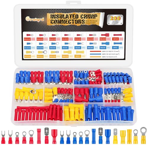 Gruiqrd 200PCS Electrical Connectors Insulated Crimp Terminal Wiring Crimping Ring Fork Female Male Terminals Butt Splice Electric Wire Cable Connector 12V Car Crimps Kit Box for Automotive Motorcycle