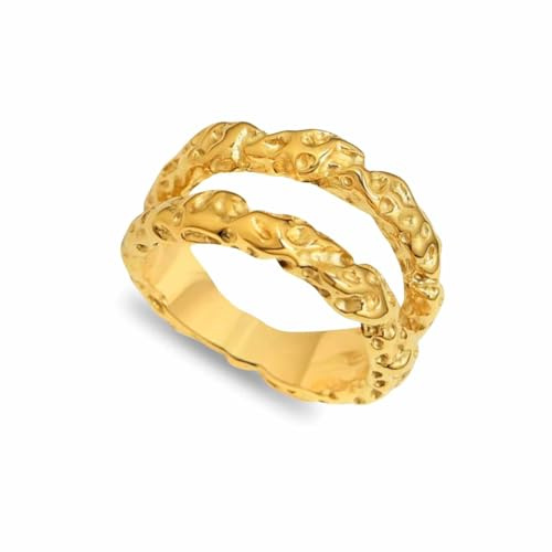 GOLDENCAT Anillo Lullaby talla 7, Anillo doble aro, Anillo rugoso, Anillo con diseño de doble aro con textura rugoso, Anillo grueso de doble aro, Acero de titanio, Baño de oro 18k