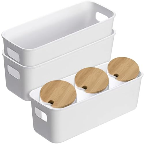Bailtouk 3 Pcs Plastic Storage Box, Small Storage Baskets with Handles, White Storage Boxes Bathroom Storage Baskets Kitchen Cupboard Organiser for Kitchen, Cabinets, Office, Bathroom (28×10×9.5cm)