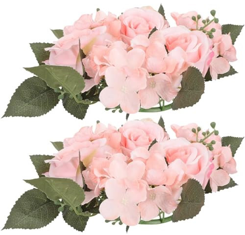 2 Stück Künstliche Blumen-Rosen-Kerzenringe, Kränze, Rosa Blumenkränze, Bauernhaus-Kerzenhalter, Tischdekoration, Kerzenständer-Girlande, Künstlicher Blumenkranz for Hochzeitsdekoration