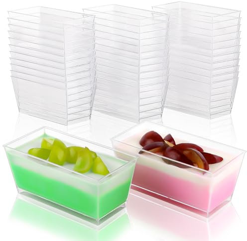 NIHESIM 50 Stück Rechteckige Dessertgläser Plastik für Partys, 150 ml Transparenter Plastik Dessertschalen für Mousse, Tiramisu, Pudding mit 50 Holzgabeln,Mini Servierschalen (9,8×4,7cm)