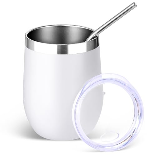 Volhoply Bicchiere da vino in acciaio inox da 350 ml, con coperchio e cannuccia, a doppia parete, isolamento sottovuoto, senza stelo, riutilizzabile, da viaggio, per bevande fredde, piccoli bicchieri