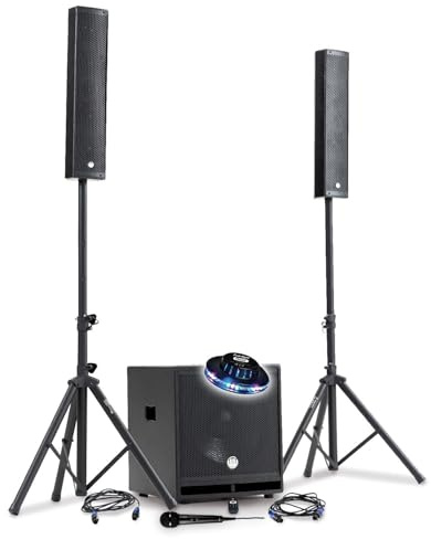 Pack Mega Sono DJ BM Bmsonic BMS-15-SLIM-BT, 1200W Enceintes Satellites, SUB 38cm USB/Bluetooth, Supports Câbles, Micro, Lumière