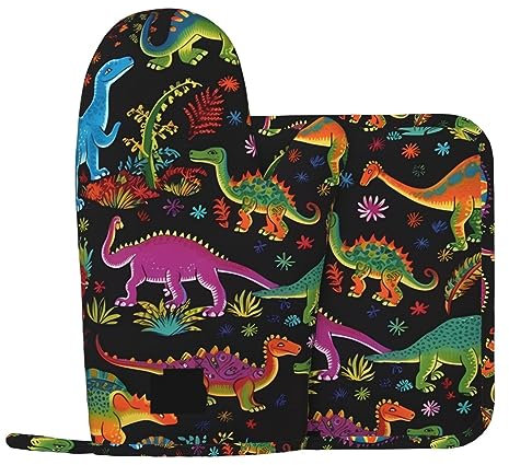 Lot de 2 maniques et maniques en silicone antidérapant et résistant à la chaleur Motif dinosaure