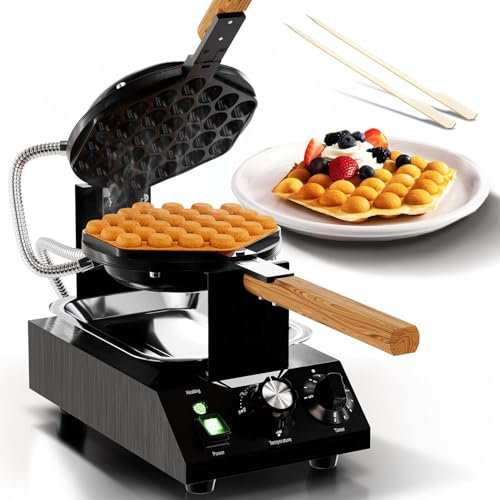 HYQNG Commercial Bubble Waffle Maker, 1500W Egg Puff Waffle Iron Machine w/ 180° Rotatable Pan & Wooden Handles, Crumb Tray, 50-250℃ Stainless Steel Egg Waffle Maker w/Non-Stick Teflon Coating