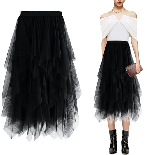 Baogaier Jupe Tulle Tutu Élégante Midi-Longue Asymétrique Superposée Plissée A-Line Elastique Taille Classique pour Prom Party Carnaval Costume Féminin