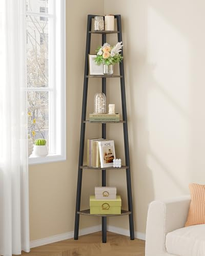 Hoctieon Eckregal, 5-stöckiges Eckbücherregal, rustikales Leiterregal, industrieller Ausstellungsständer für Wohnzimmer, Küche, Home Office, Balkon, kleine Räume, Metallrahmen, Grau