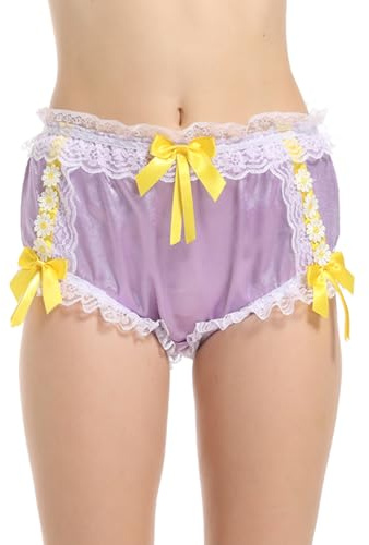 Women Sissy Flower Lace French Knickers Briefs Lingerie Silky Satin Underwear Panties (3X-Large) Purple