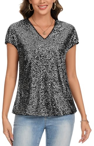 MINTLIMIT Damen Tops Pailletten Glitzer Oberteil Kurzarm Cap Ärmel Bluse (Schwarz(Silber Glitter) XL)