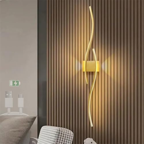 GZZBMY LED Wandleuchte Moderne Innen Wellenform Wandlampe USB Ladebare Batteriebetriebene Wandlicht Lange Streifen Acryl Eisen Drahtlos Wandbeleuchtung für Wohnzimmer Flur (Gold Warmes Licht,60cm)