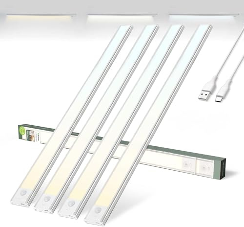 Brendz Luz LED Armario con Sensor de Movimiento, LED Cocina Bajo Mueble | 4 x 60cm, Recargables USB-C, 4400mAh, 3 Temperaturas de Color, Regulables, Magnético, Barra Cocina, Puyo Plata