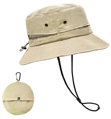 lifwimner Sonnenhut Damen Herren, Bucket Fischerhut Sommerhut mit Kinnriemen Mesh Wasserdicht Anglerhut Boonie Hat Schnell Trocknende Packable für Outdoor Sommer Camping(Khaki)
