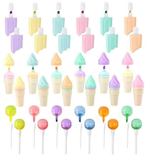 LPAMABA 36 Pcs Mini Surligneurs Mignons, Petit Feutre Couleur Pastel en Forme de Glaces/Sucettes/Cornets, Marqueurs Fluorescents Colorés, Crayon Feutre Enfant, pour Peinture École Cadeau Anniversaire