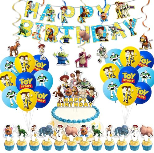 Toy Birthday Party Decorations Set, Birthday Party Tableware Supplies Includes Foil Balloons, Banner, Cake Toppers Cupcake Toppers Cake Hanging Swirls Decoration