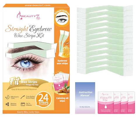 Beauty7 Bandas de Cera para Depilación Facial - 24 Tiras de Cera Recta para Depilación de Cejas en Casa, 4 Toallitas de Aceite Calmante para Todo Tipo de Piel para Mujer