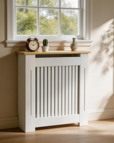 FATIVO Tall Radiator Cover 90cm high, External 92cm Height White Small Heater Covers Inner Height 90cm Horizontal Slats Modern Shelf Thickened Wooden Living Room Bedroom