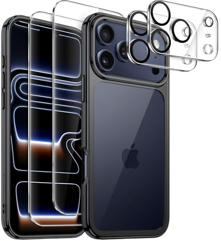 JETech 5 i 1 Skal för iPhone 17 Pro, Anti-Gulning, Svart | 2 Skärmskydd av Härdat Glas, 2 Kameralinsskydd, Stötsäker Bumper Fodral