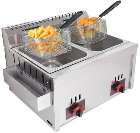 Friggitrice a Gas Professionale Doppia, in Acciaio Inox con cestello, per ristoranti e cucine domestiche