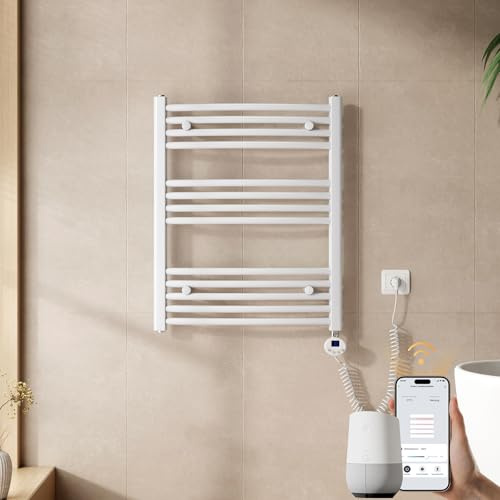 EMKE WiFi Handtuchheizkörper Elektrisch 750x600 mm - Gebogen Badheizkörper Elektrisch, Elektrischer Handtuchwärmer Handtuchtrockner Handtuch Heizkörper Bad mit Thermostat und Heizstab - 300W, Weiß