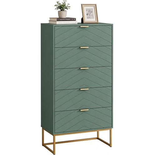 UEV Byrå med 5 lådor, skåp, trä med tippskydd, metallfot, highboard, sideboard, smalt byrå, sidoskåp för vardagsrum, sovrum, hall 60 x 34 x 110 cm (grön)