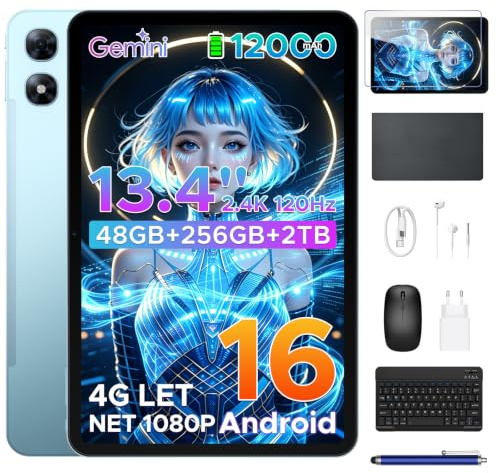 P13 Pro Tablet 13,4 Pulgadas, 2.4K 120Hz, 48GB + 256GB, Tablets Android, | Gemini AI, Tablet con Teclado, T7280 Octa-Core, 12000mAh, WiFi 5, 4G LTE, Tablet con Tarjeta SIM, 16MP+8MP, Widevine L1, Azul