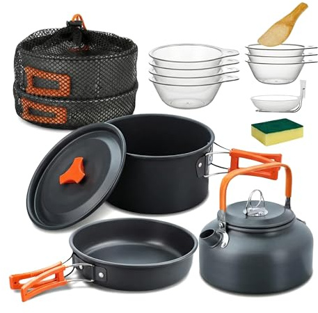 Camping Kochgeschirr Set, Outdoor Geschirr Set Kochtopf Set 10-teilig, Grillgeschirr Picknick Topf mit Aluminium Faltbare Töpfe und Pfannen, für 2-4 Personen, Outdoor Wandern Picknick BBQ