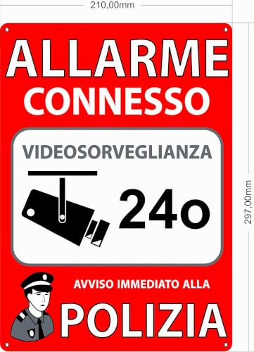 Allarme A4 Interno/esterno, Targhetta in Pvc Flessibile, Segnale Di Allarme Collegato, 30x21 cm Di Colore Rosso
