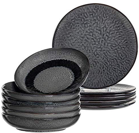 Leonardo Matera Steingut Geschirrset, 12 teilig, spülmaschinengeeignetes Kombi-Service, Keramik, Suppen- Speise- Teller, grau Ø 20,7, 27 cm, 026049