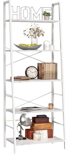 Yusong Ladder Shelf, Industrial 5-Tier Bookshelf, Free Standing Bookcase, Utility Organizer Shelves for Plant Flower, Wood Look Accent Furniture with Metal Frame for Home Office, White