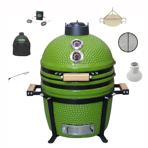 YNNI KAMADO TQTT15LM Kamado, freistehend, 39,9 cm, Limettengrün, BBQ, Keramik, Ei, Smoker, Bündel mit Extras TQTT15LM