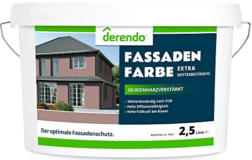 derendo Fassadenfarbe braun 2,5l mit EXTRA hohem Wetterschutz, matte silikonharzverstärkte Fassaden Farbe, hohe Deckkraft und gute Füllkraft bei kleinen Rissen (Schokobraun)