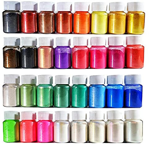 32er × 10g Epoxidharz Farbe, Seifenfarbe Set, Glimmerpulver, Metallic Farbe Harz Pulverfarbe, Farbe für Epoxidharz, Perlglanzpulver, für Seifen Schleim Malerei Kosmetik DIY Harz