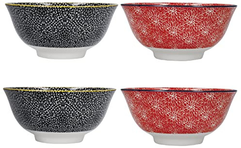 KitchenCraft Glasierte Steinzeugschüssel 4er-Set, rot und schwarz geblümt, 15,5 x 7,5 cm, Geschenkkarton