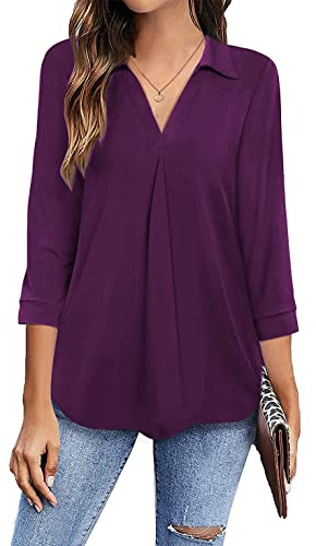 HANERDUN Camicetta Donna con Manica a 3/4 Blusa Camicia con Collo a V Tunica Elegante T Shirt