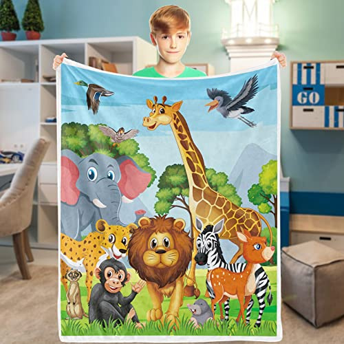 Soft Cozy Flannel Jungle Throw Blanket with Giraffe Elephant Lion Print, Fuzzy Safari Zoo Blankets for Toddler Child Girl Boy 101x127cm