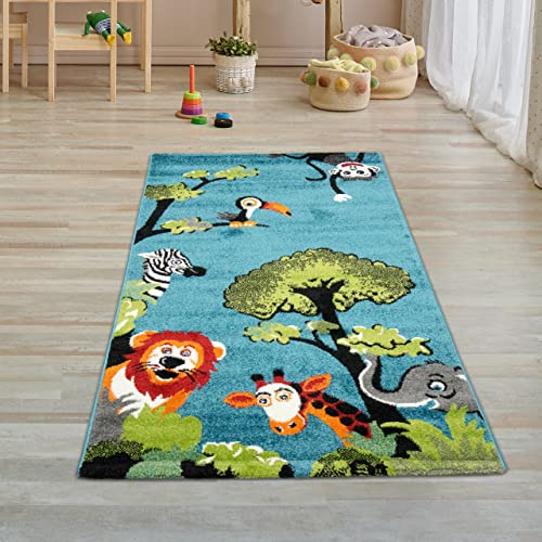 Waldtier-Teppich in Blau für das Kinderzimmer Größe 80 x 150 cm