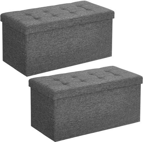 SONGMICS Sitzbank mit Stauraum, 2er Set, Sitztruhe mit Klappdeckel, Aufbewahrungsbox, faltbar, max. statische Belastbarkeit 300 kg, 80 L, 38 x 76 x 38 cm, Leinenimitat, dunkelgrau LSF423G02