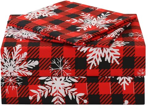 JSD 4 Piece Red Buffalo Plaid Snowflakes Christmas Sheet Set King Size