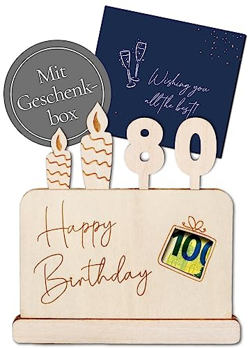 Joli Coon Geldgeschenk 80 Geburtstag Geldgeschenke zum 80 Geburtstag | Mehrschichtig verklebtes Holz, Platz für bis zu 3 gefaltete Geldscheine, blaue Geschenkbox, präzise Gravur